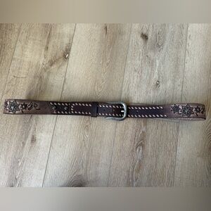 Brown Leather Belt with Floral Design XXL